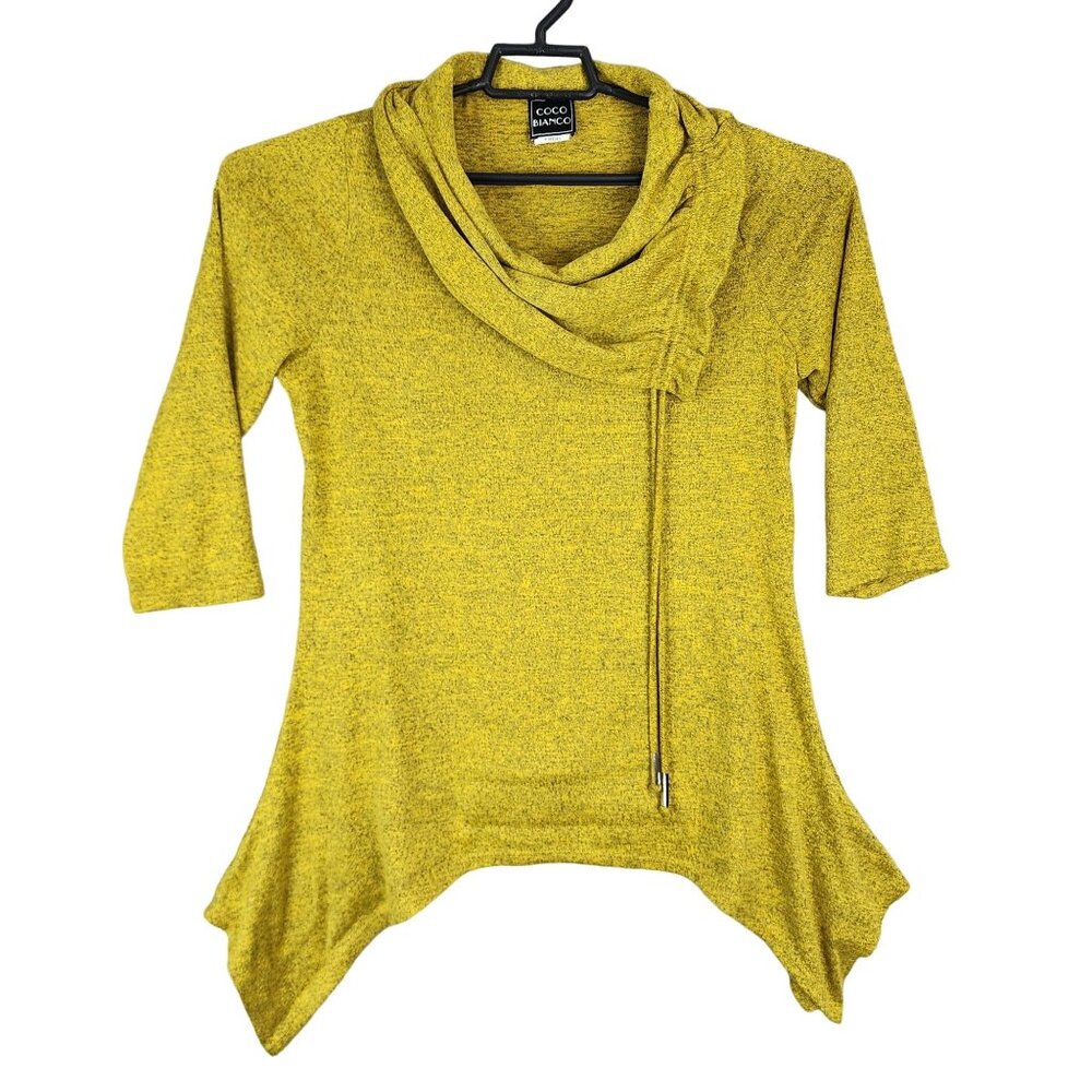 Women's Coco Bianco Yellow Asymmetrical Hem Tunic Top Cowl Neck Stretch Size L